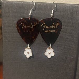Fender Guitar Pick Earrings with Flower Charm
